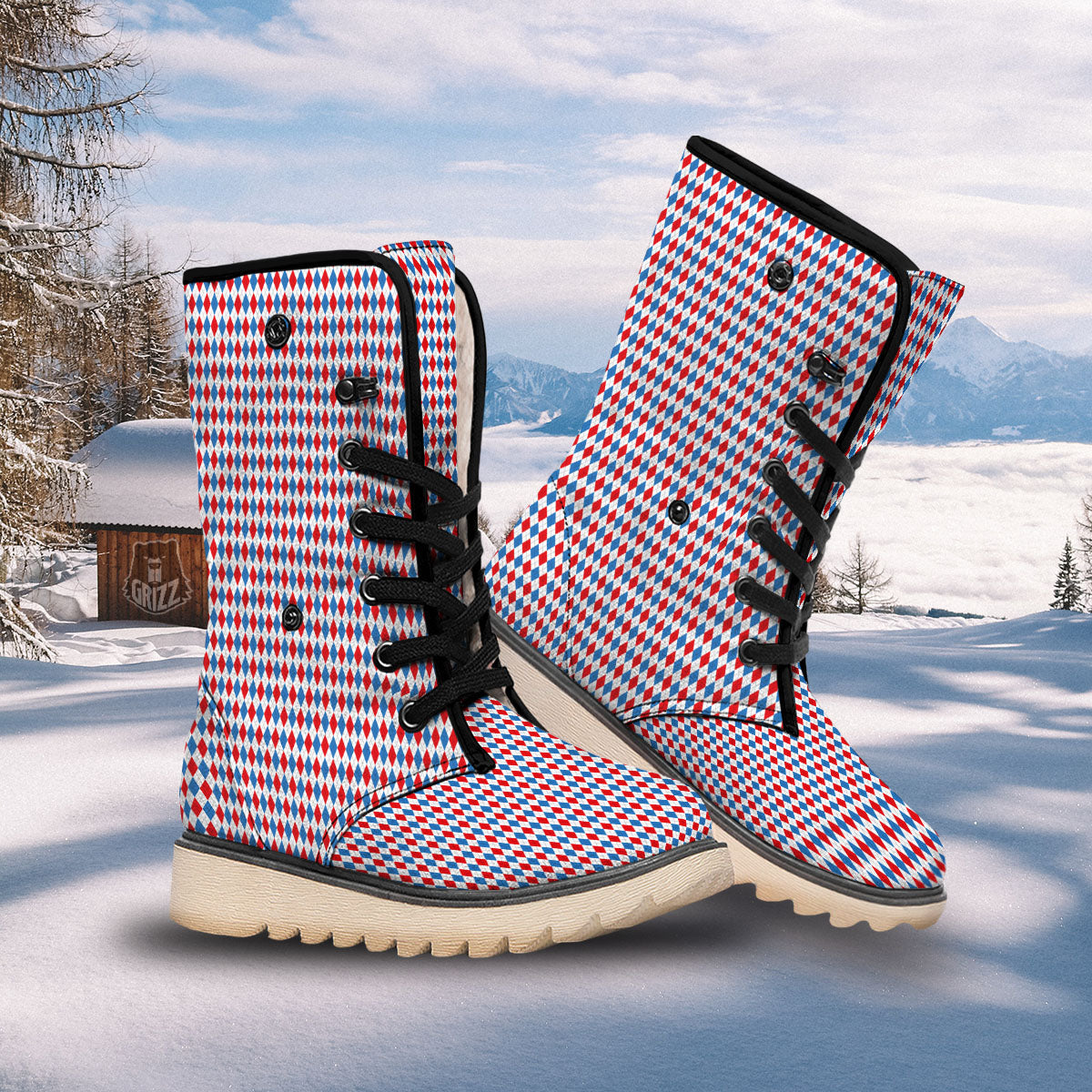 White Blue And Red Argyle Print Pattern Snow Boots-grizzshop