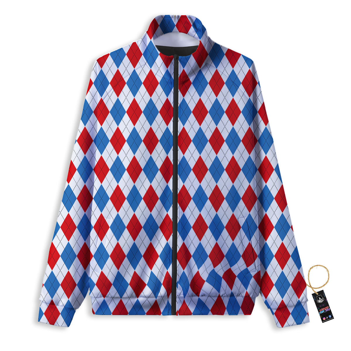 White Blue And Red Argyle Print Pattern Track Jacket-grizzshop