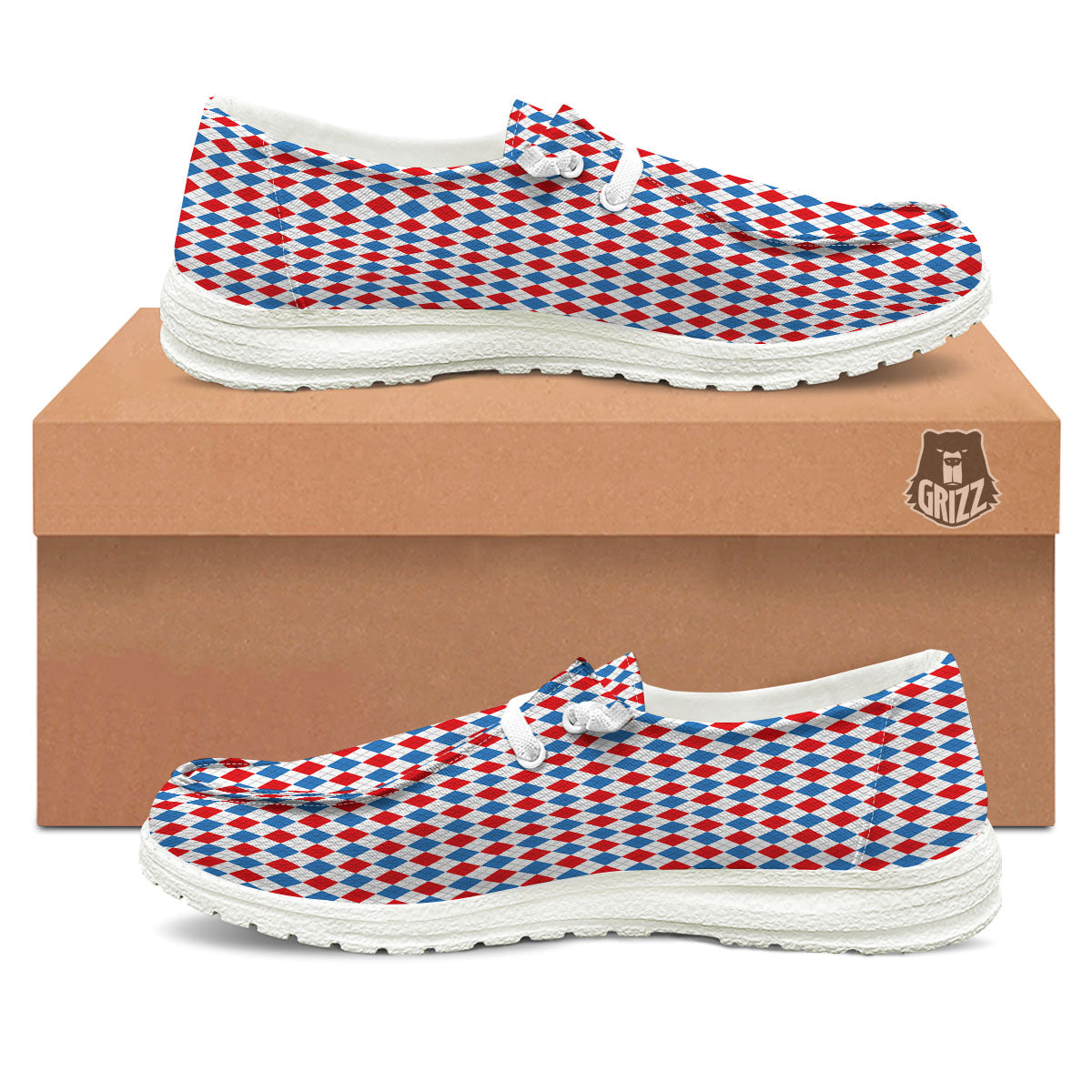 White Blue And Red Argyle Print Pattern White Loafers-grizzshop