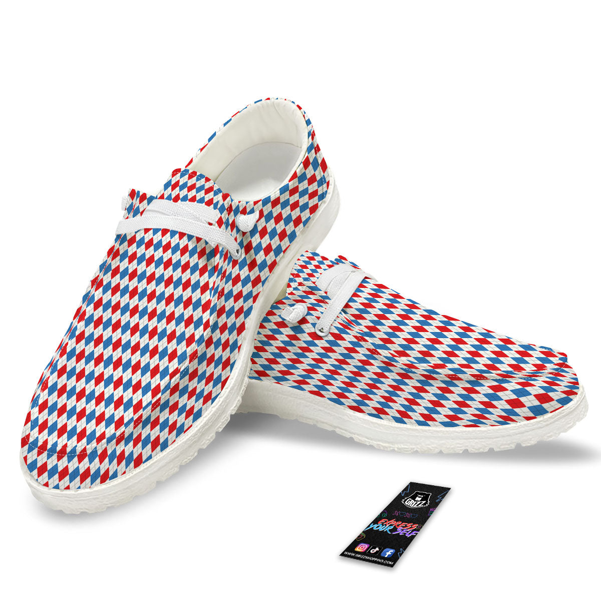 White Blue And Red Argyle Print Pattern White Loafers-grizzshop