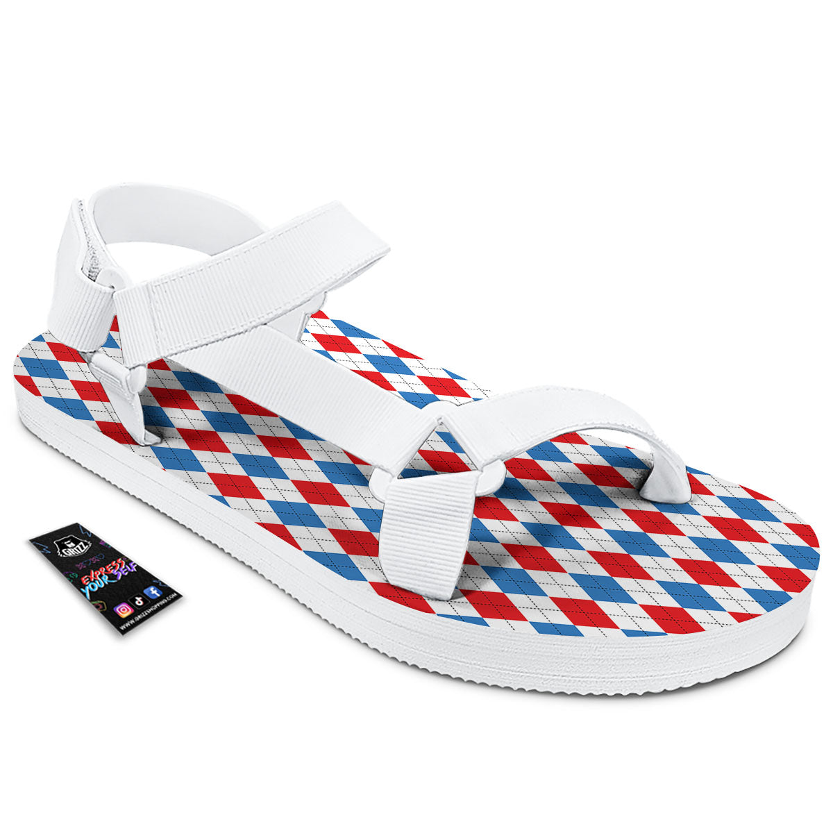 White Blue And Red Argyle Print Pattern White Open Toe Sandals-grizzshop