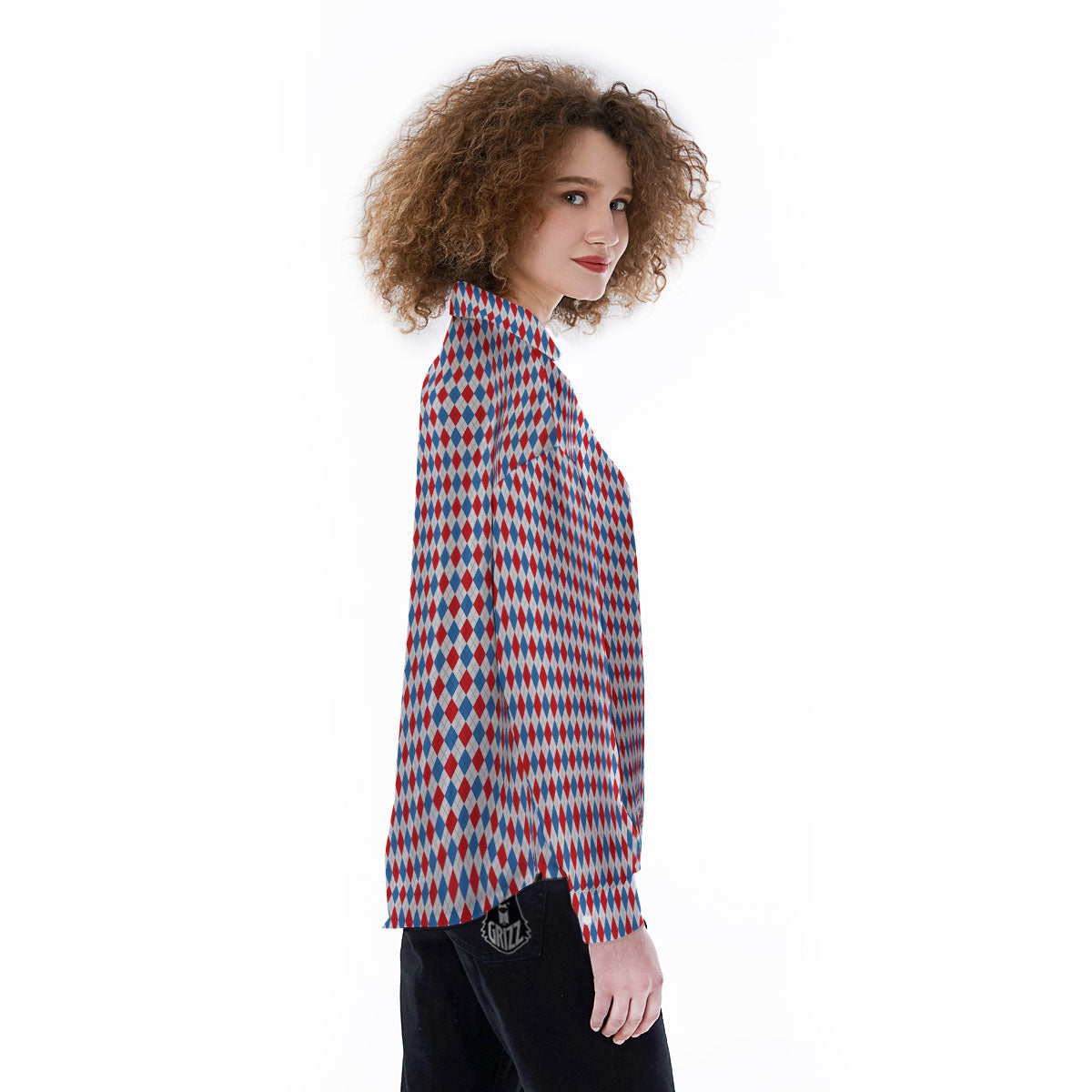 White Blue And Red Argyle Print Pattern Women's Long Sleeve Shirts-grizzshop