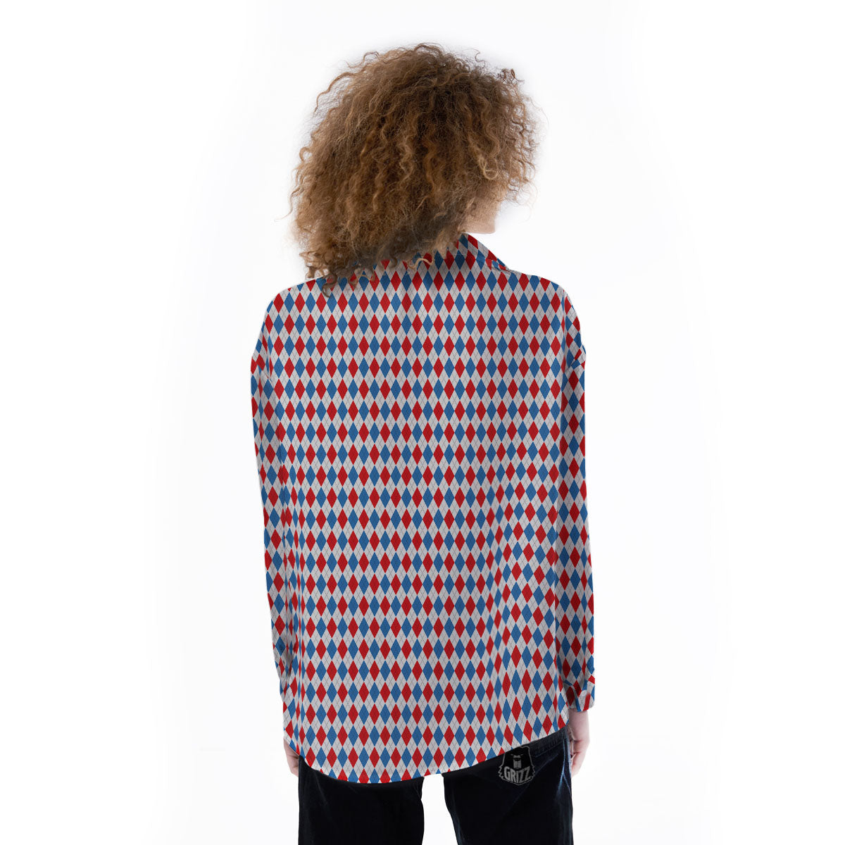 White Blue And Red Argyle Print Pattern Women's Long Sleeve Shirts-grizzshop