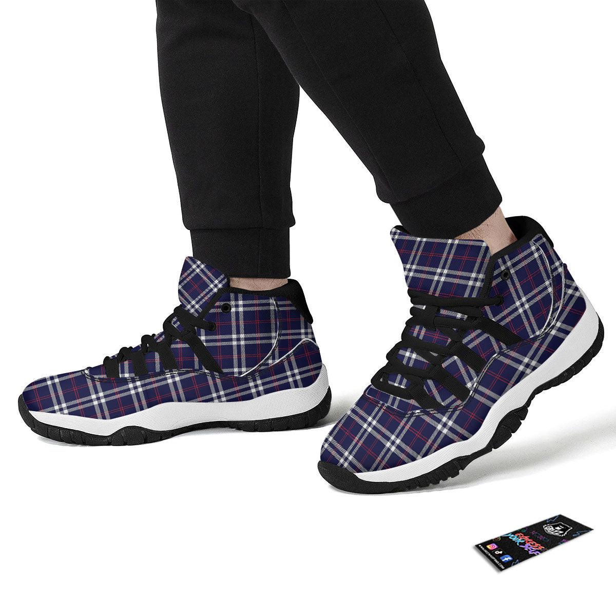 White Blue And Red Tartan Print Pattern Black Bball Shoes-grizzshop