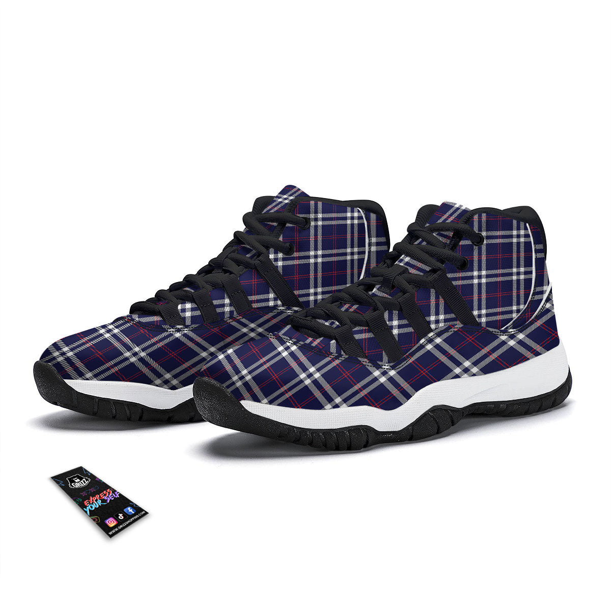 White Blue And Red Tartan Print Pattern Black Bball Shoes-grizzshop