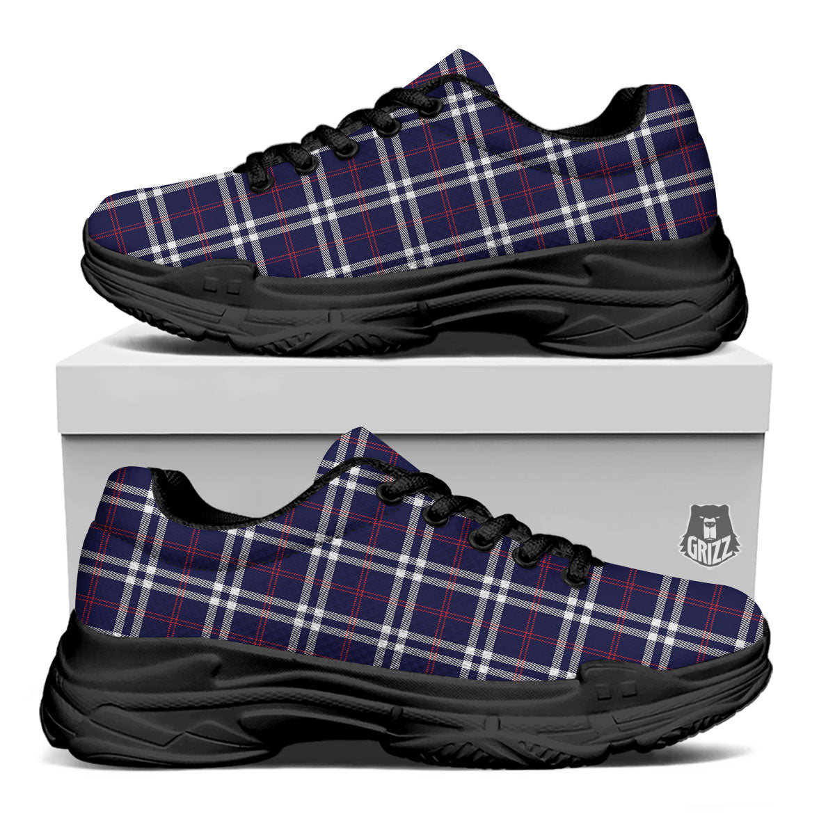 White Blue And Red Tartan Print Pattern Black Chunky Shoes-grizzshop