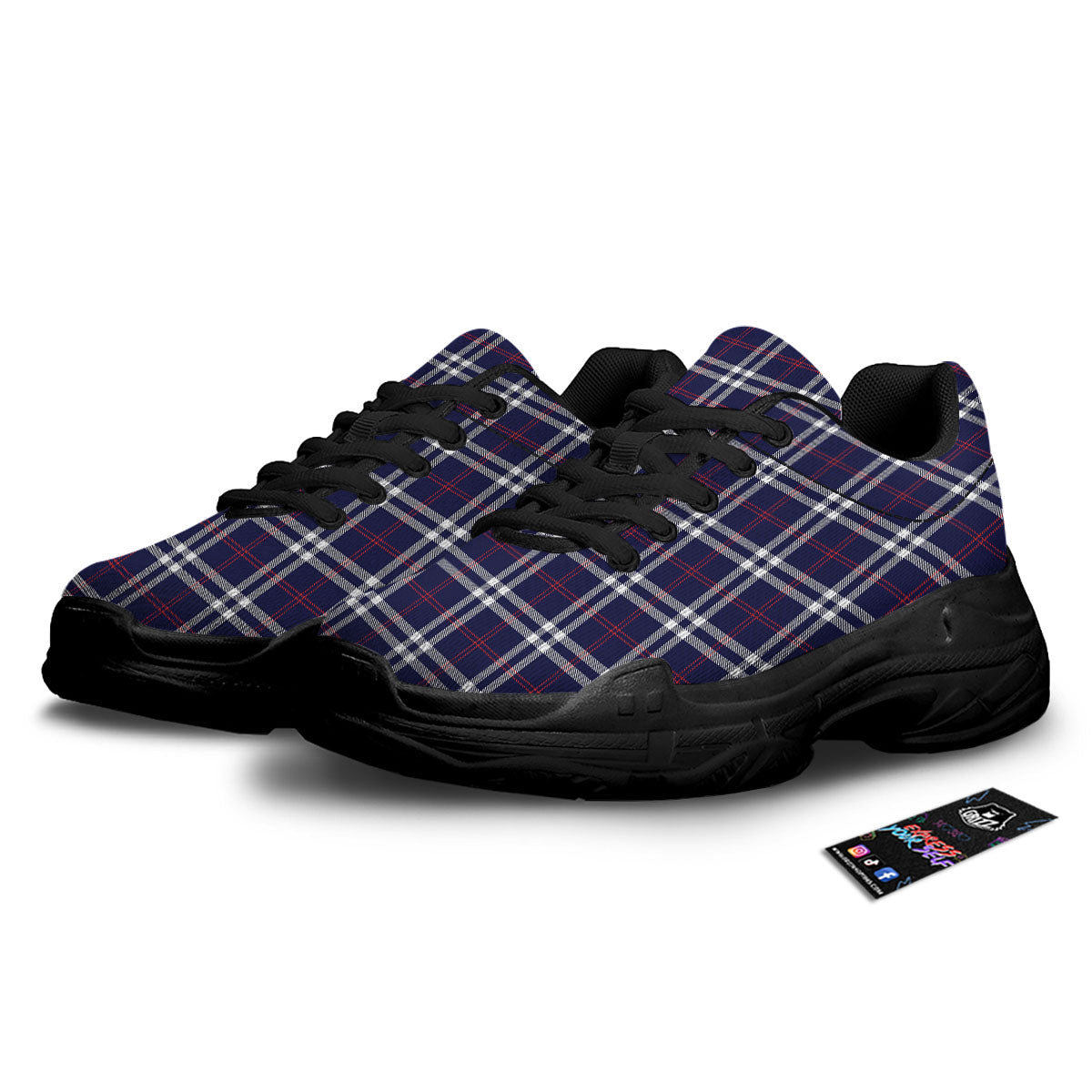 White Blue And Red Tartan Print Pattern Black Chunky Shoes-grizzshop