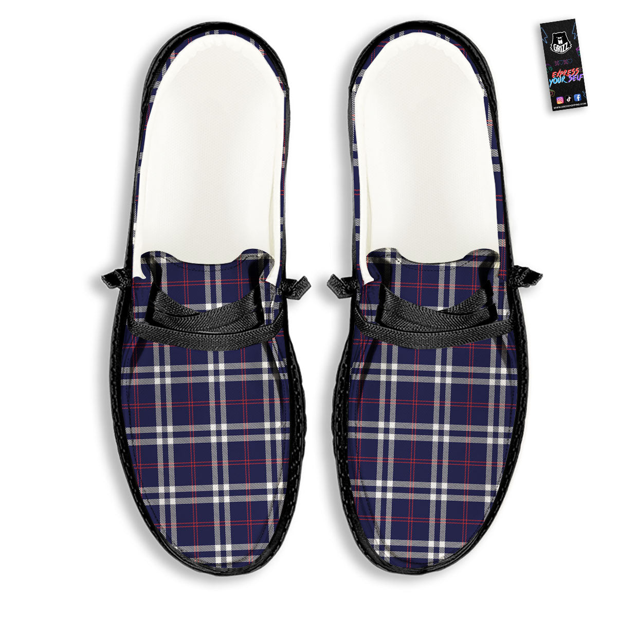 White Blue And Red Tartan Print Pattern Black Loafers-grizzshop