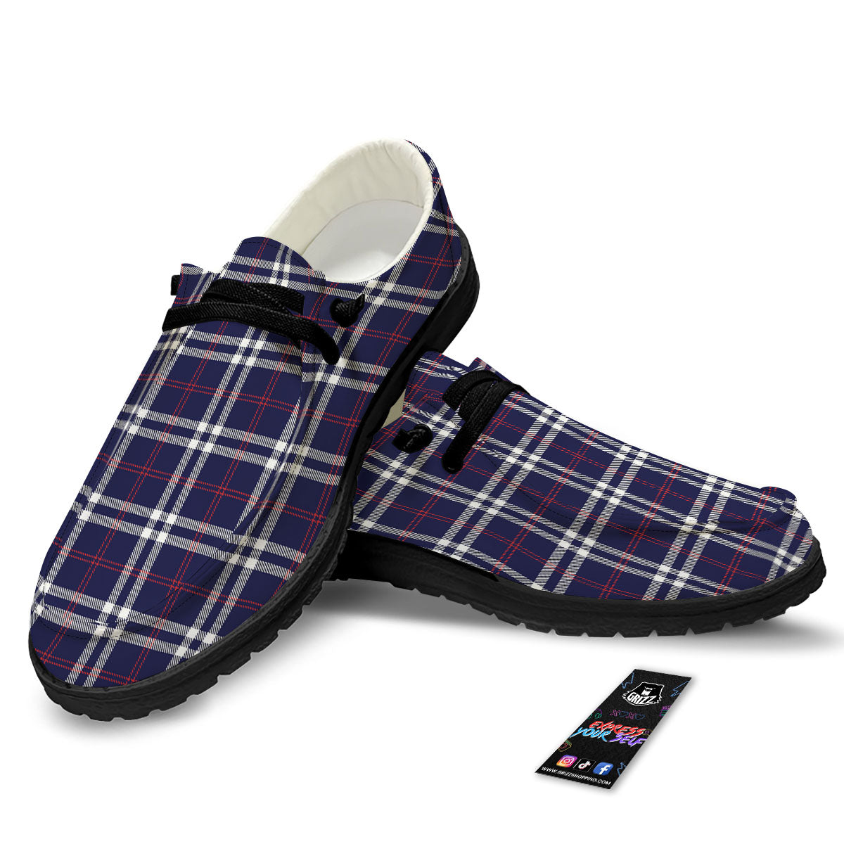 White Blue And Red Tartan Print Pattern Black Loafers-grizzshop