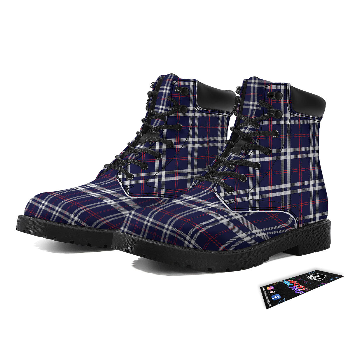 White Blue And Red Tartan Print Pattern Boots-grizzshop