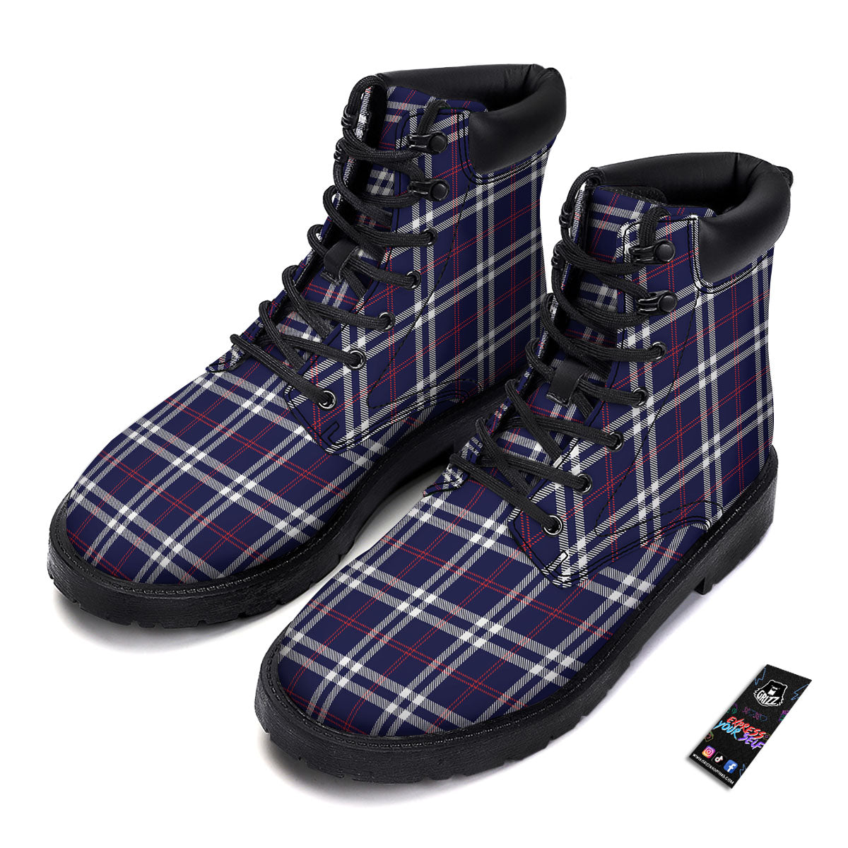 White Blue And Red Tartan Print Pattern Boots-grizzshop