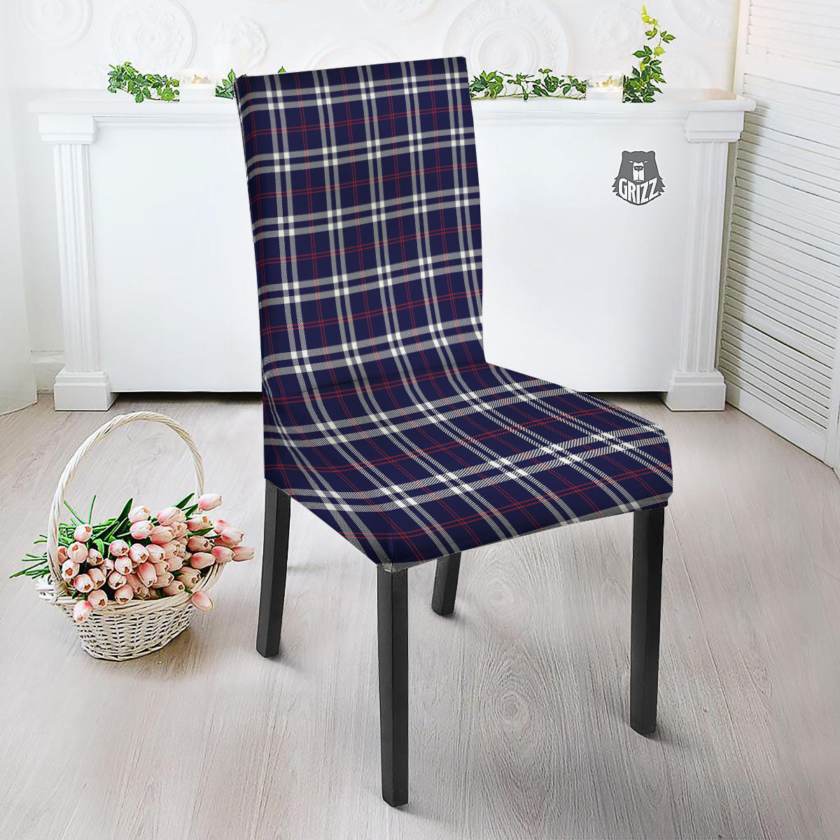 White Blue And Red Tartan Print Pattern Dining Chair Slipcover-grizzshop