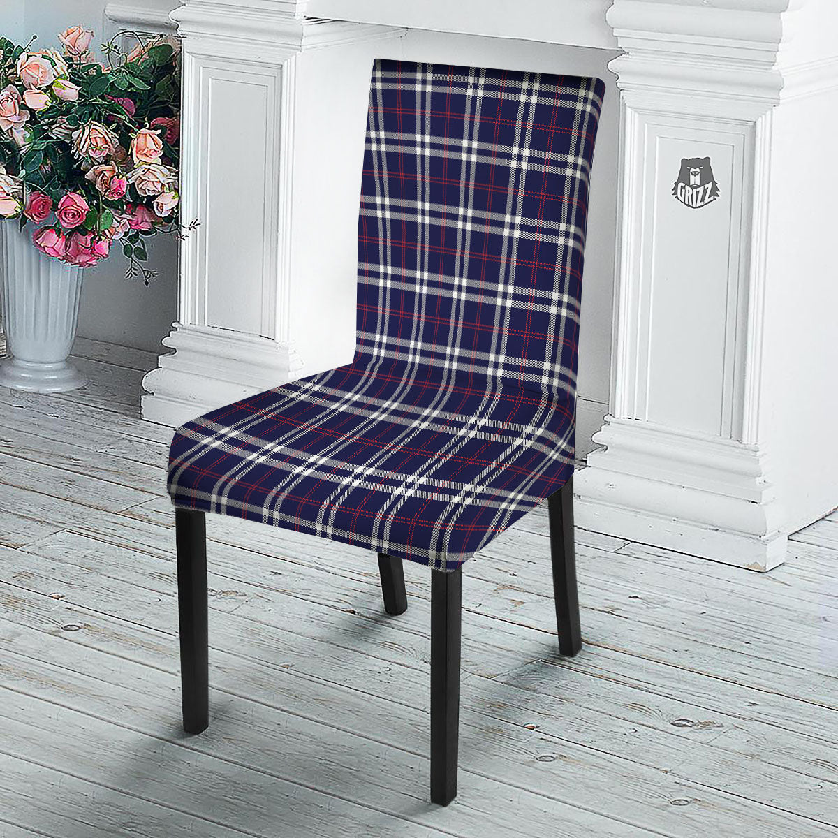 White Blue And Red Tartan Print Pattern Dining Chair Slipcover-grizzshop