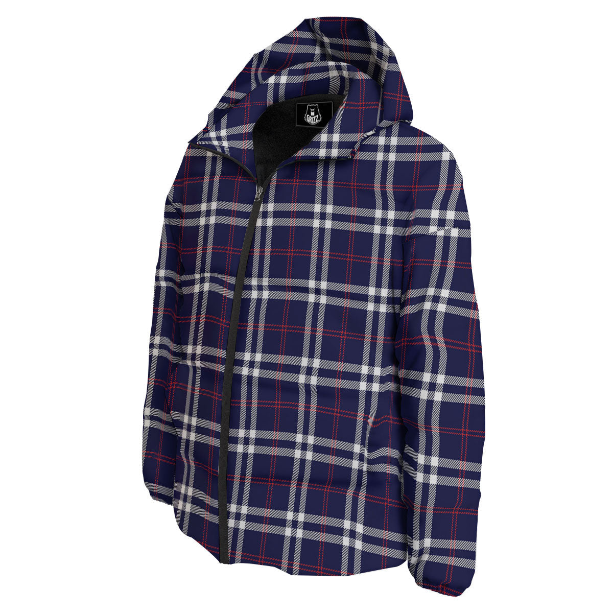 White Blue And Red Tartan Print Pattern Down Jacket-grizzshop