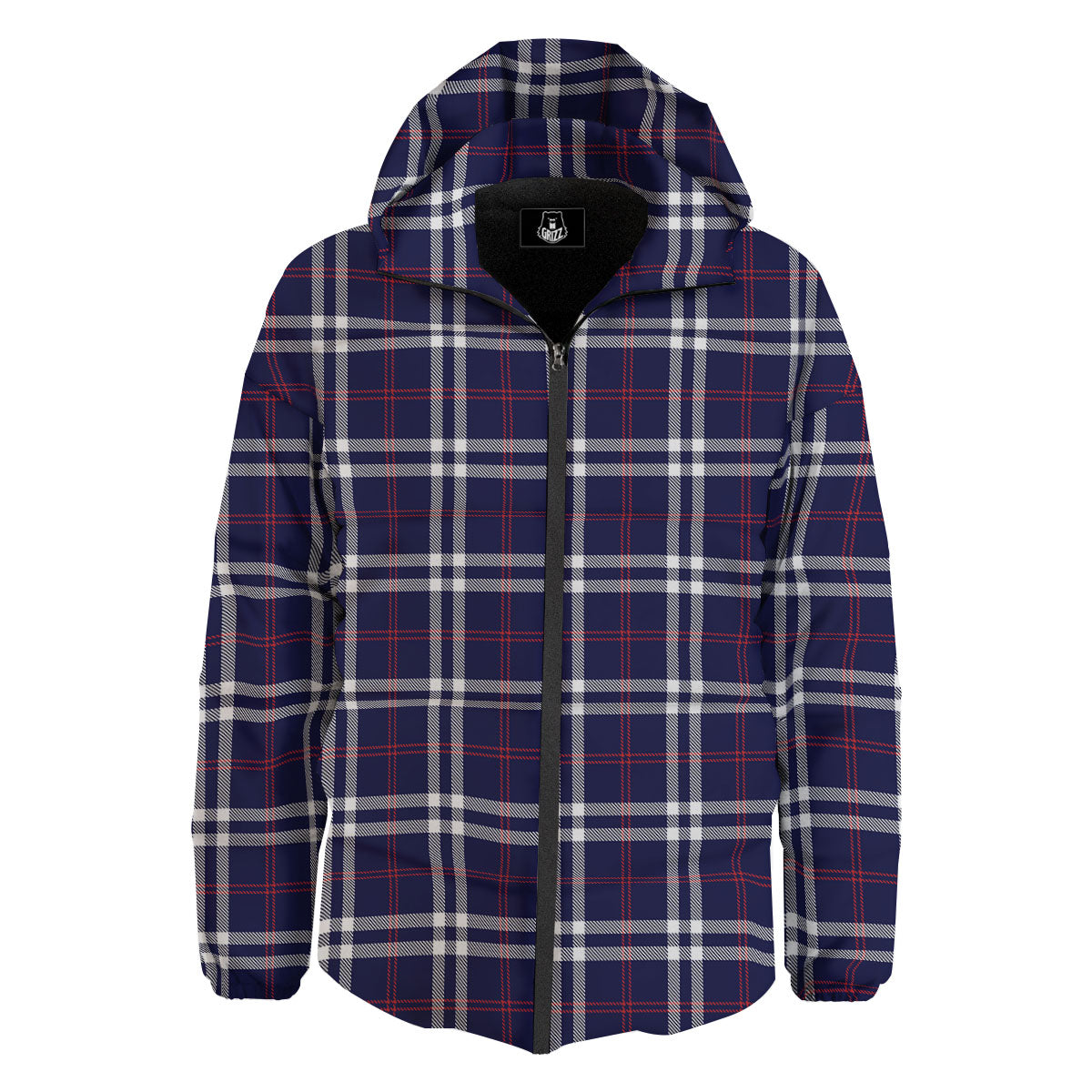 White Blue And Red Tartan Print Pattern Down Jacket-grizzshop