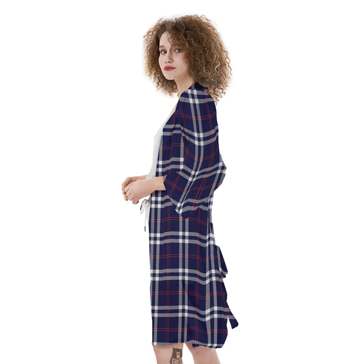 White Blue And Red Tartan Print Pattern Kimono-grizzshop