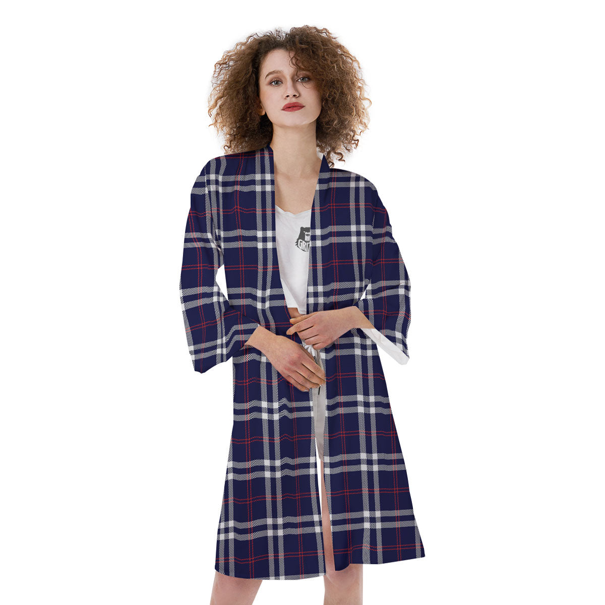 White Blue And Red Tartan Print Pattern Kimono-grizzshop