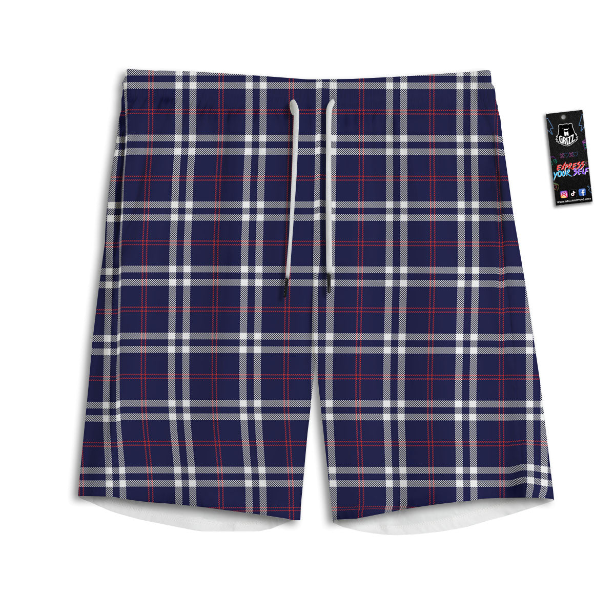 White Blue And Red Tartan Print Pattern Men's Athletic Shorts