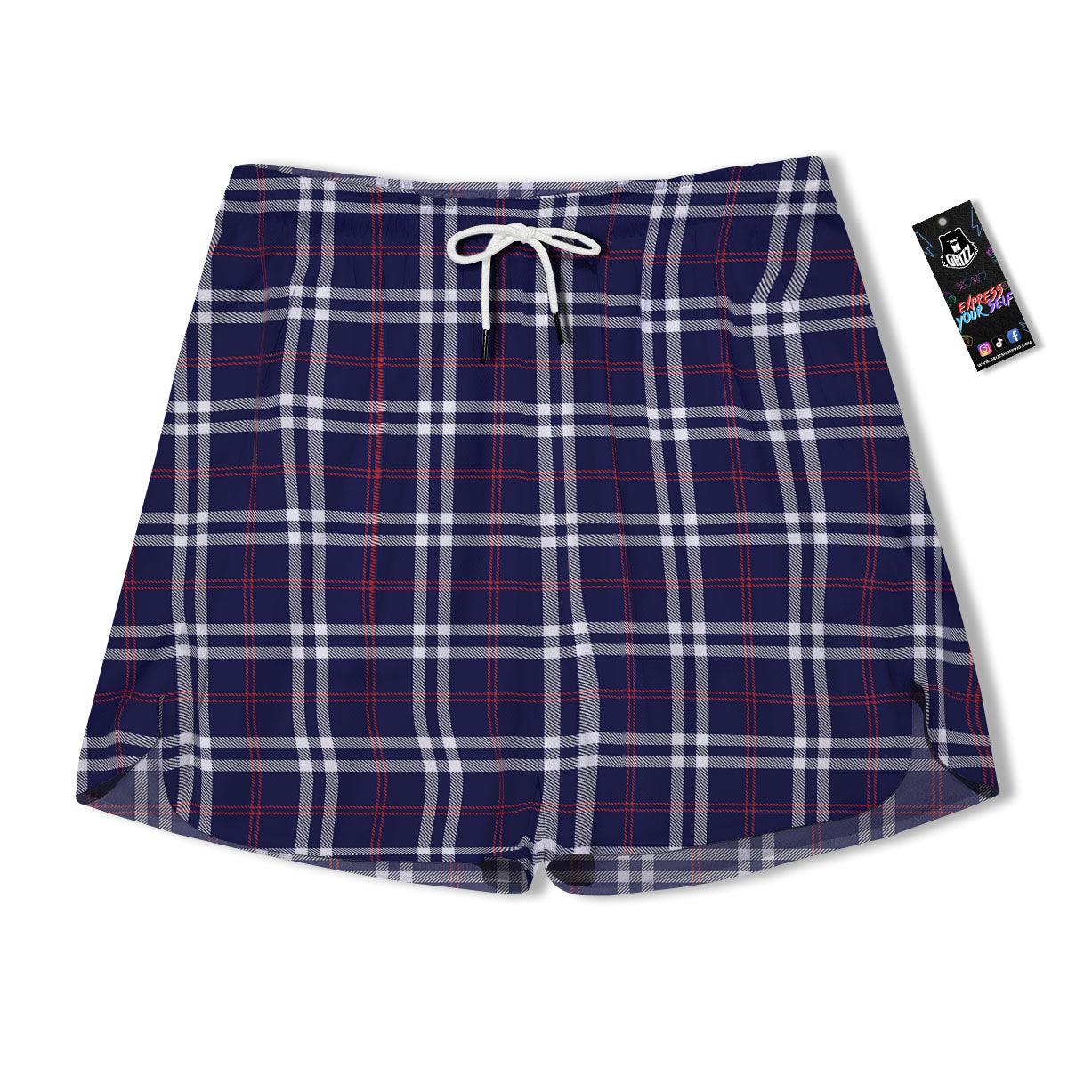 White Blue And Red Tartan Print Pattern Men's Running Shorts-grizzshop