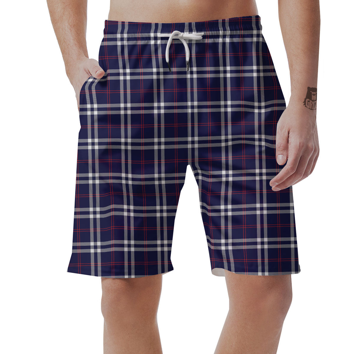 White Blue And Red Tartan Print Pattern Men's Shorts-grizzshop