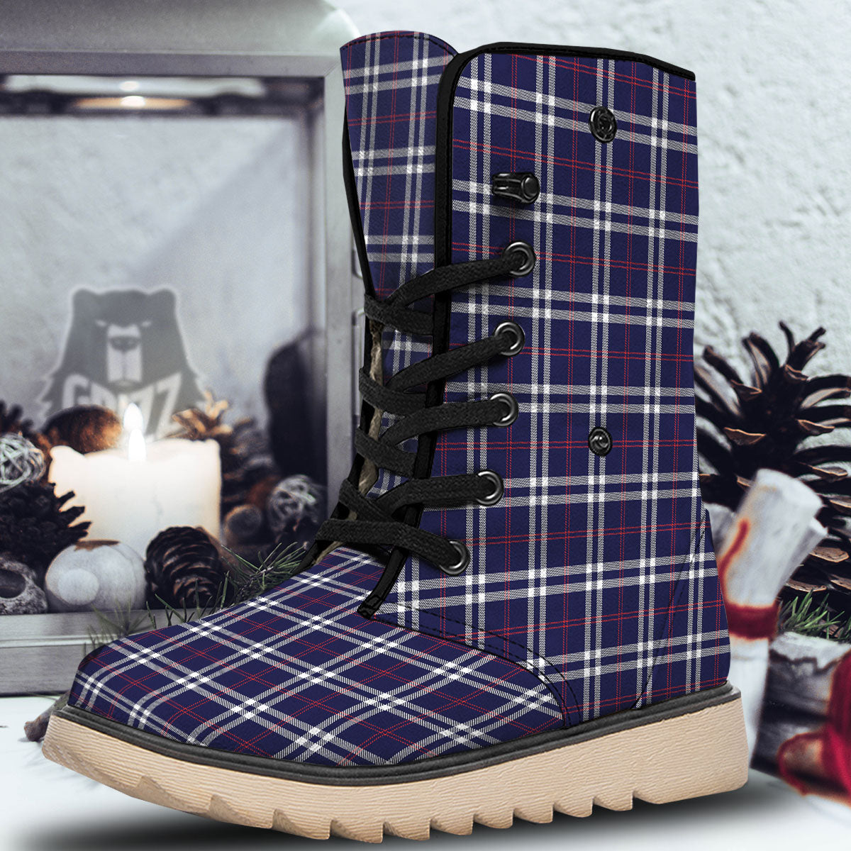 White Blue And Red Tartan Print Pattern Snow Boots-grizzshop