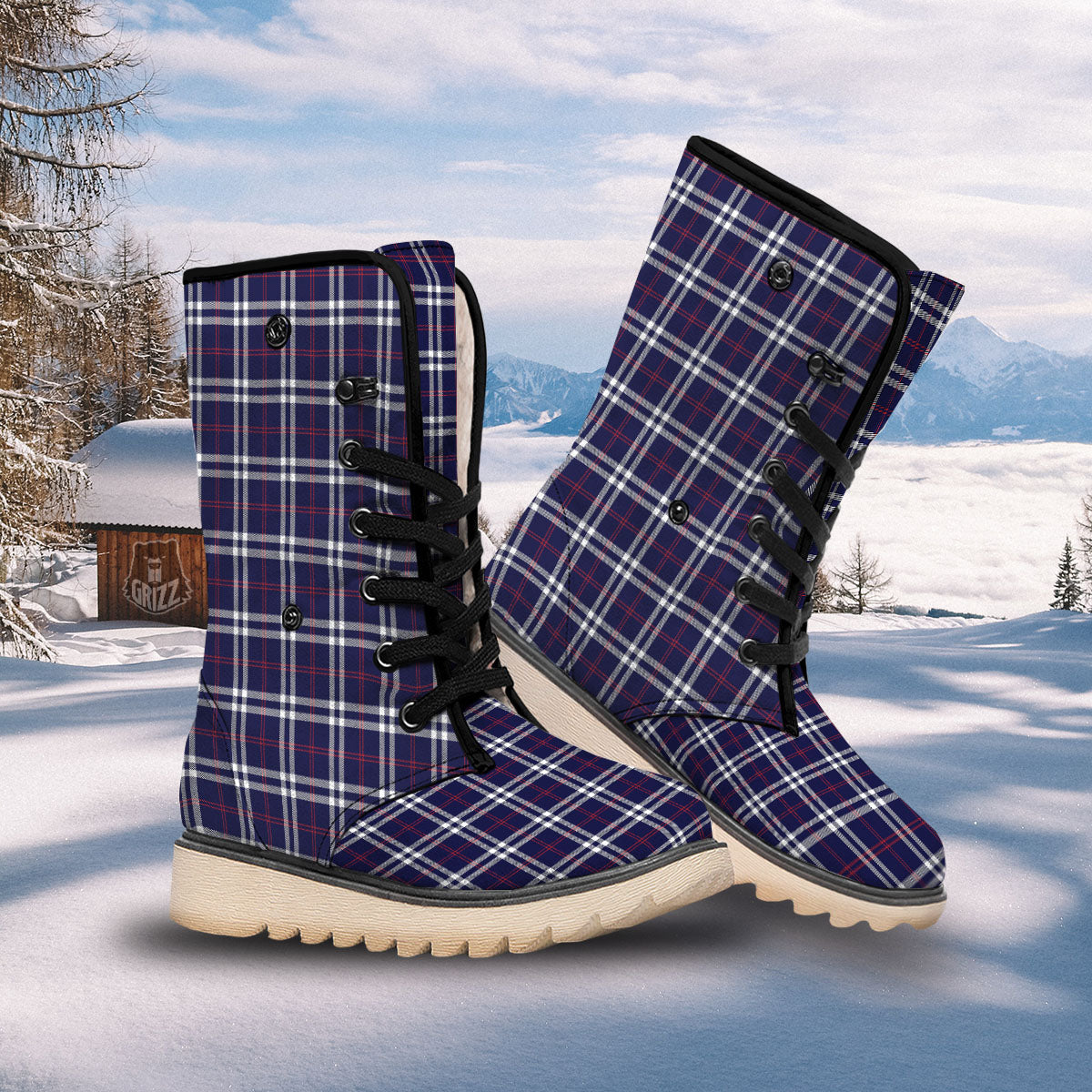 White Blue And Red Tartan Print Pattern Snow Boots-grizzshop