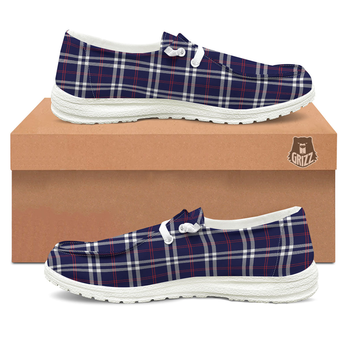 White Blue And Red Tartan Print Pattern White Loafers-grizzshop