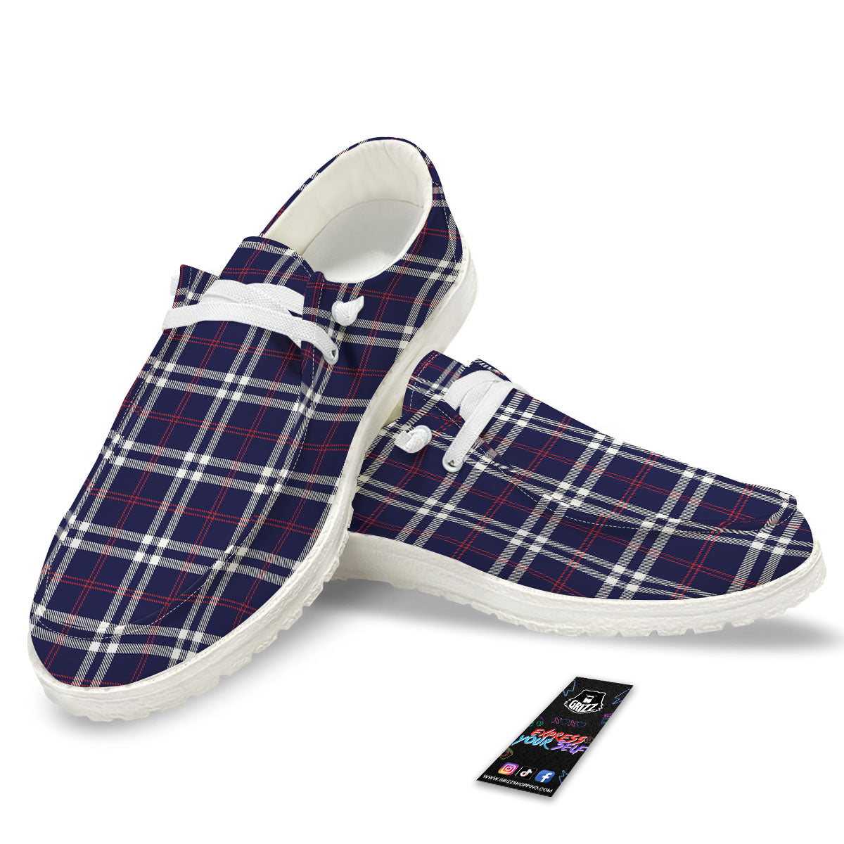 White Blue And Red Tartan Print Pattern White Loafers-grizzshop