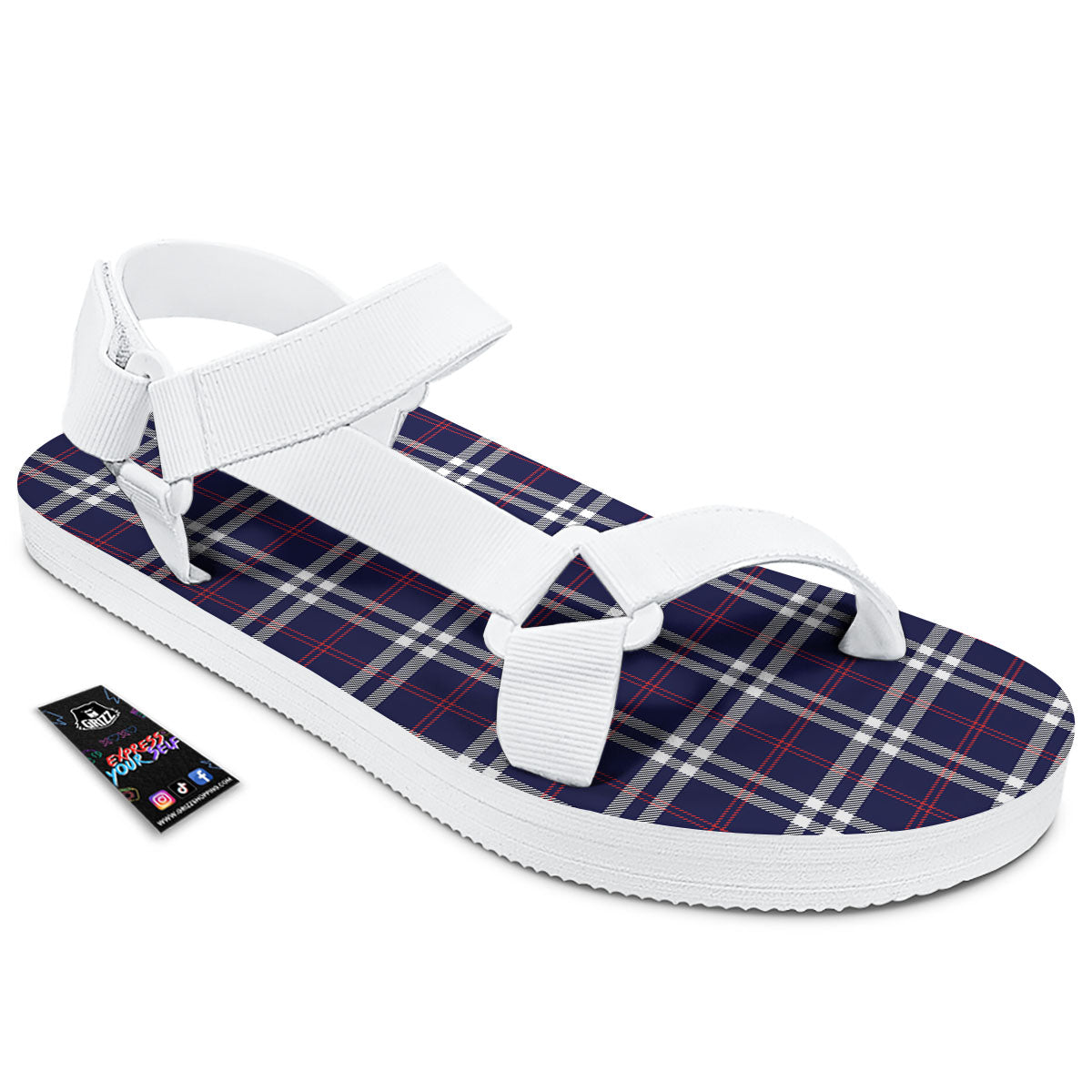 White Blue And Red Tartan Print Pattern White Open Toe Sandals-grizzshop