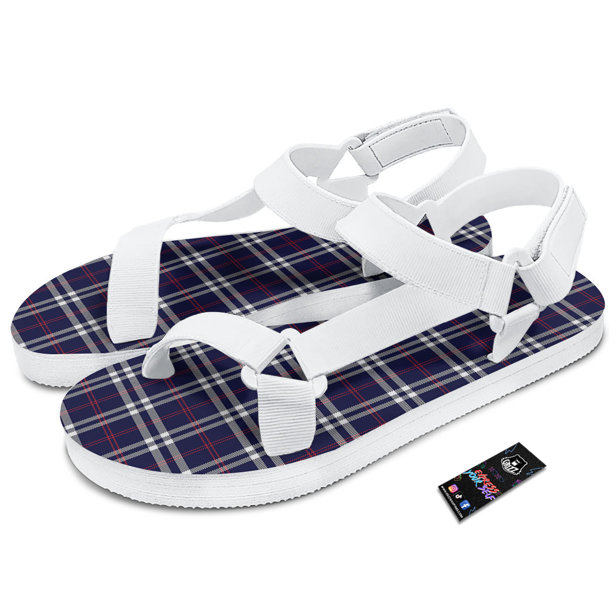 White Blue And Red Tartan Print Pattern White Open Toe Sandals-grizzshop