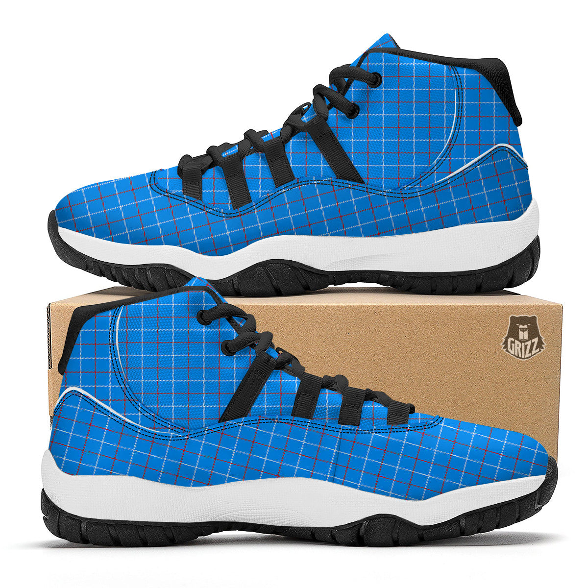 White Blue And Red Tattersall Print Black Bball Shoes-grizzshop