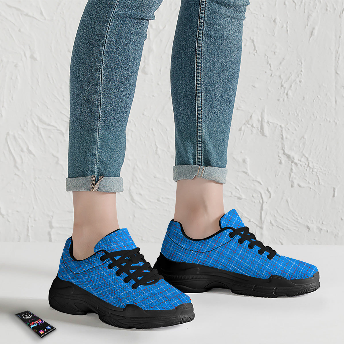 White Blue And Red Tattersall Print Black Chunky Shoes-grizzshop