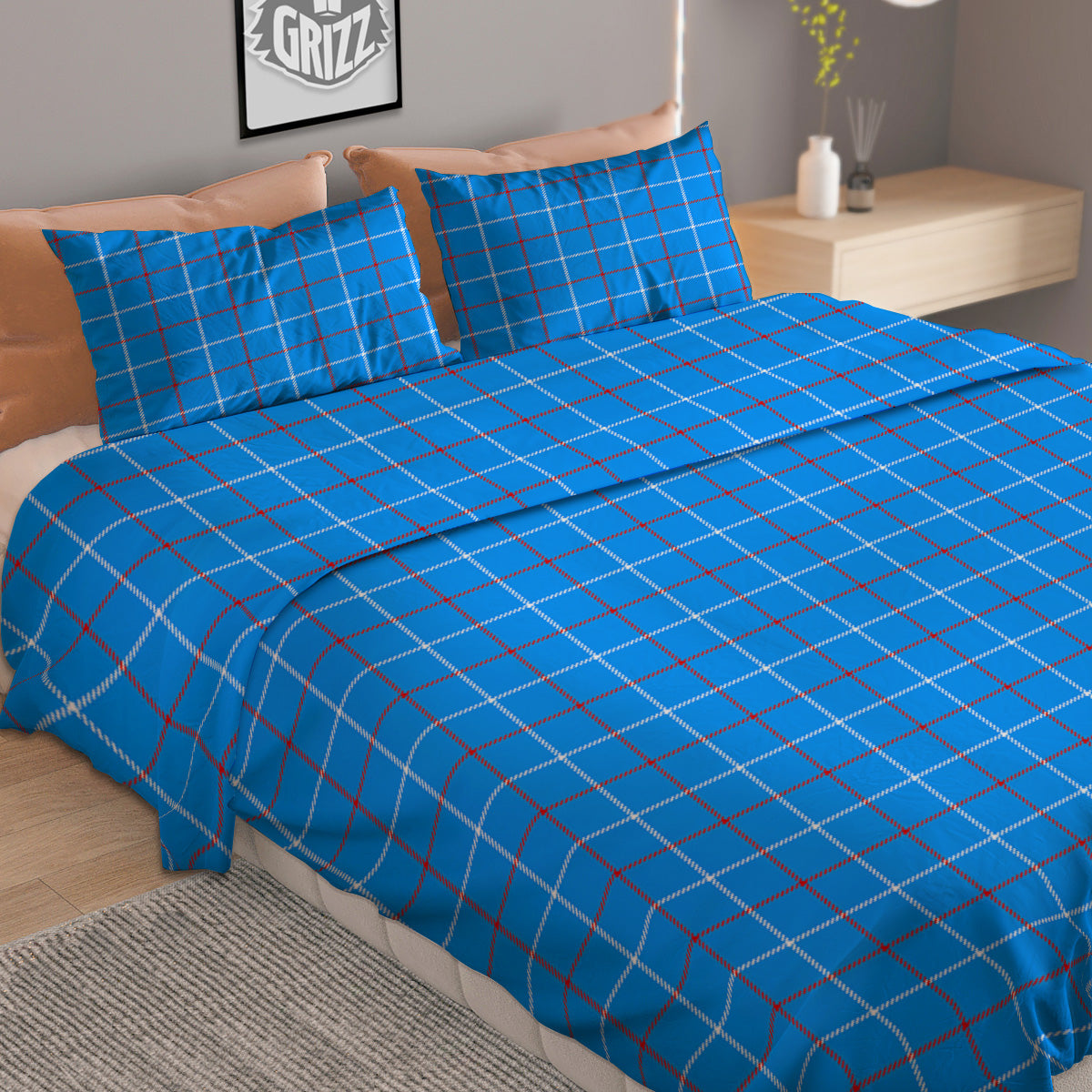 White Blue And Red Tattersall Print Duvet Cover Bedding Set
