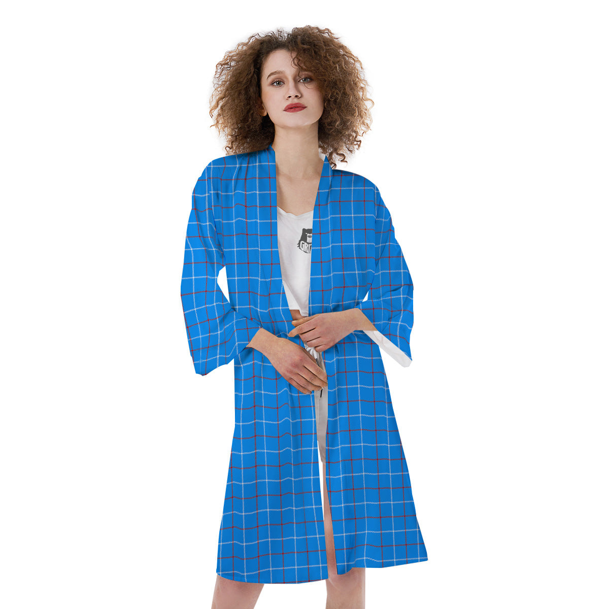 White Blue And Red Tattersall Print Kimono-grizzshop