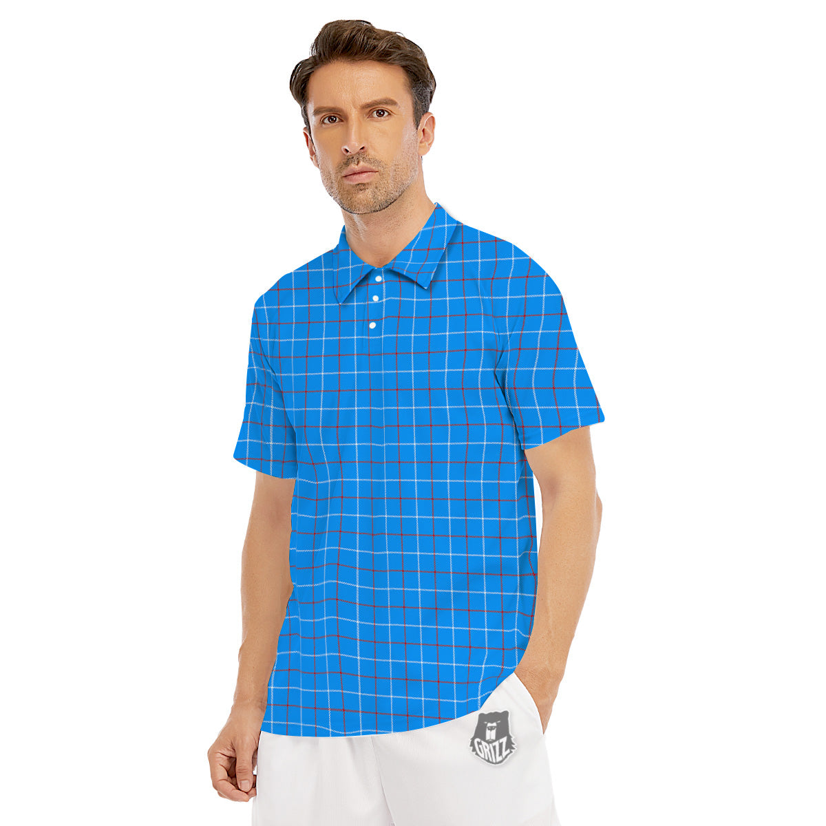 White Blue And Red Tattersall Print Men's Golf Shirts-grizzshop
