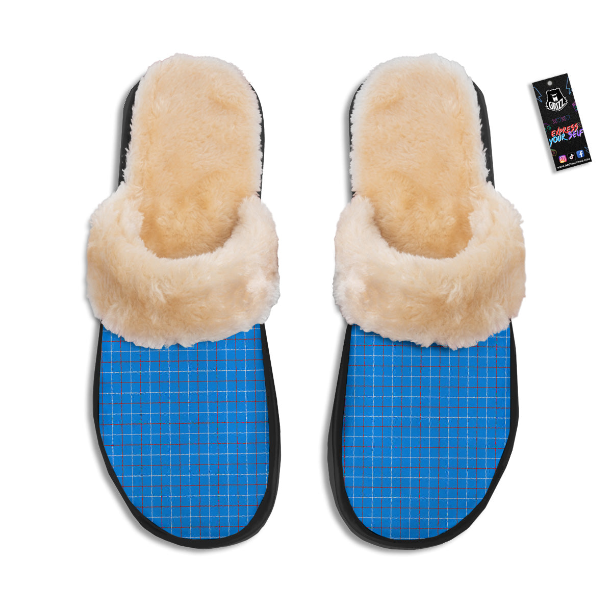 White Blue And Red Tattersall Print Slippers-grizzshop