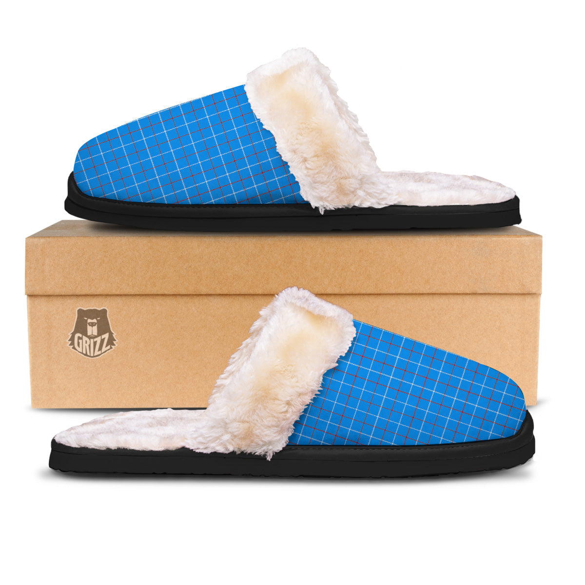 White Blue And Red Tattersall Print Slippers-grizzshop