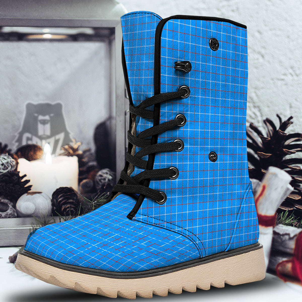 White Blue And Red Tattersall Print Snow Boots-grizzshop