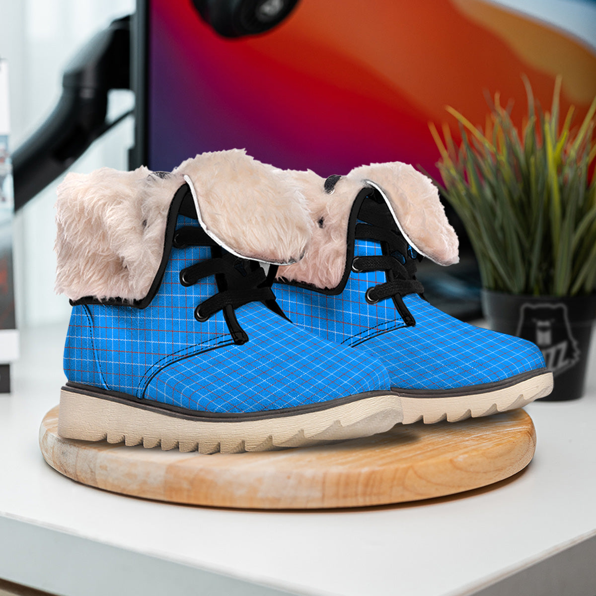 White Blue And Red Tattersall Print Snow Boots-grizzshop