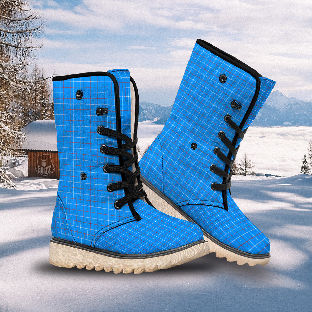 White Blue And Red Tattersall Print Snow Boots-grizzshop