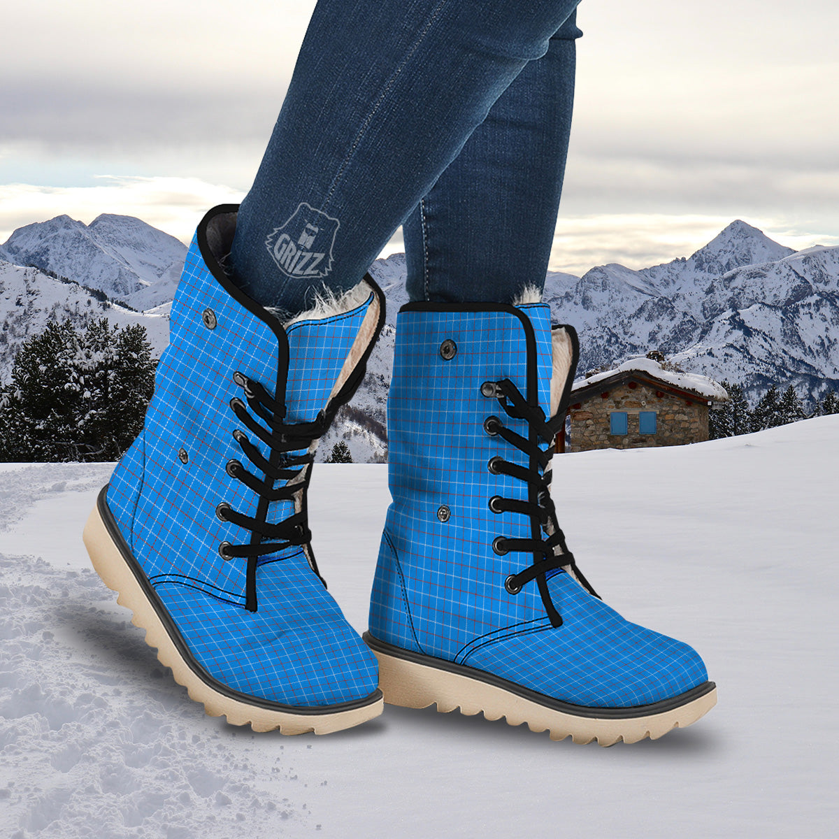 White Blue And Red Tattersall Print Snow Boots-grizzshop