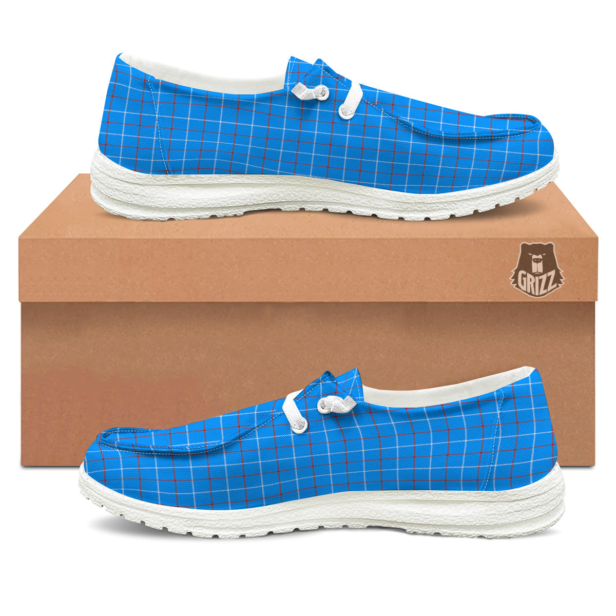 White Blue And Red Tattersall Print White Loafers-grizzshop
