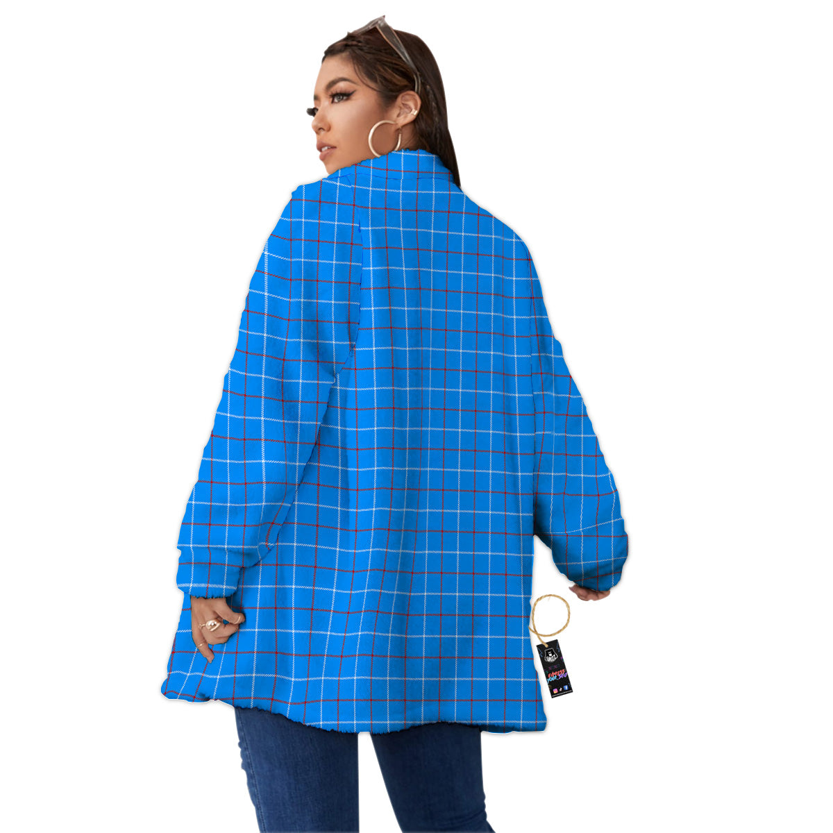 White Blue And Red Tattersall Print Women's Sherpa Jacket-grizzshop