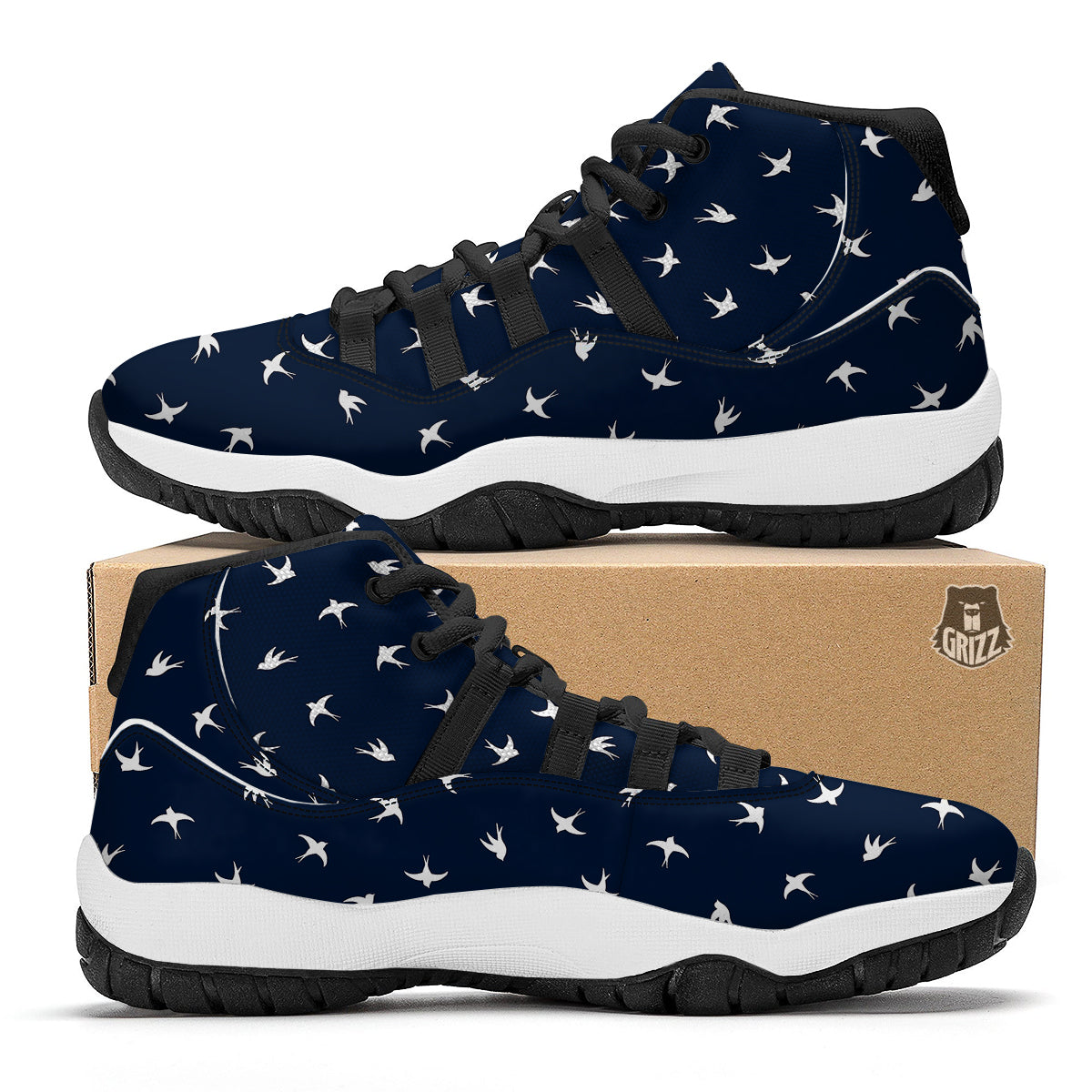 White Blue Swallow Print Pattern Black Bball Shoes-grizzshop