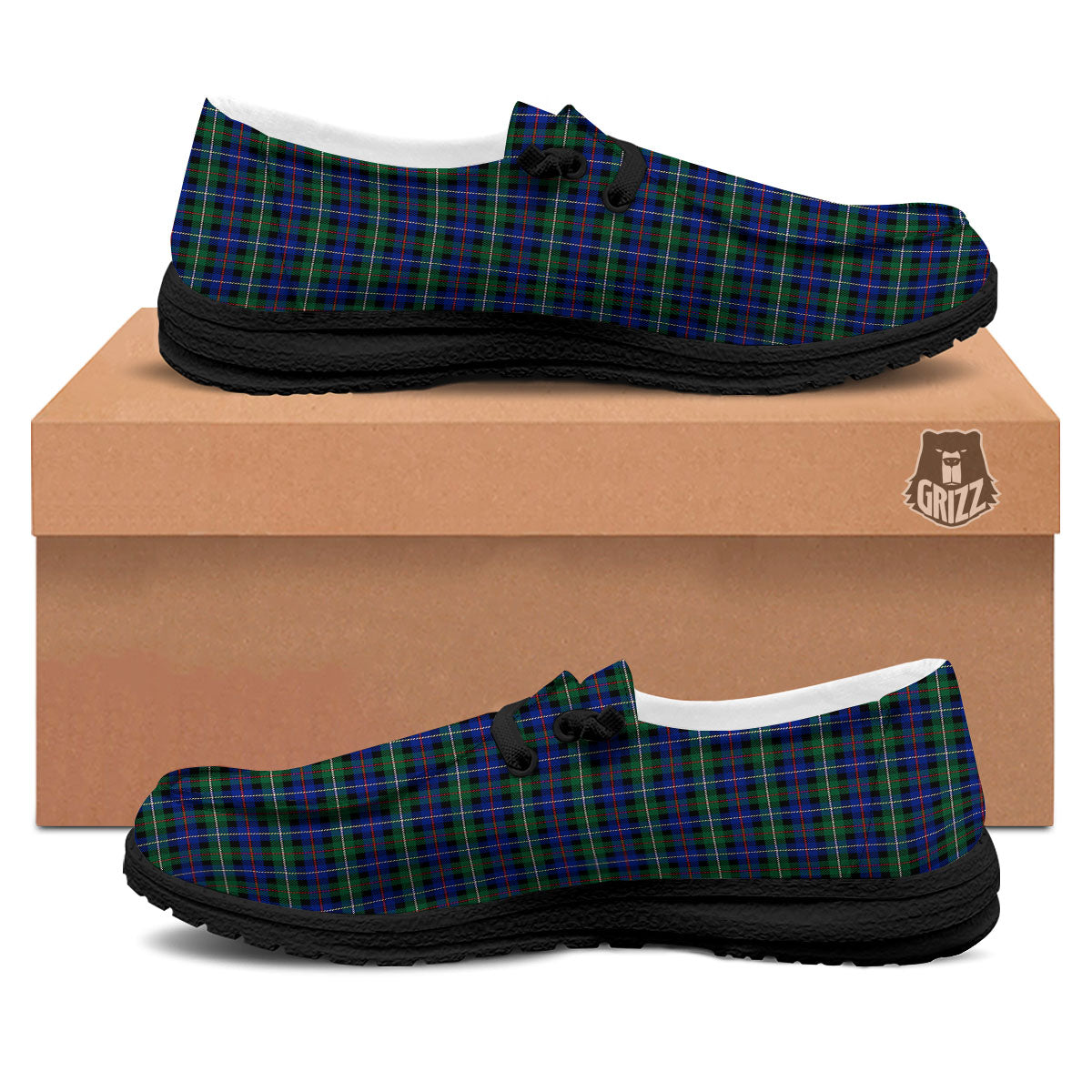 White Buffalo And Green Blue Plaid Print Black Loafers-grizzshop