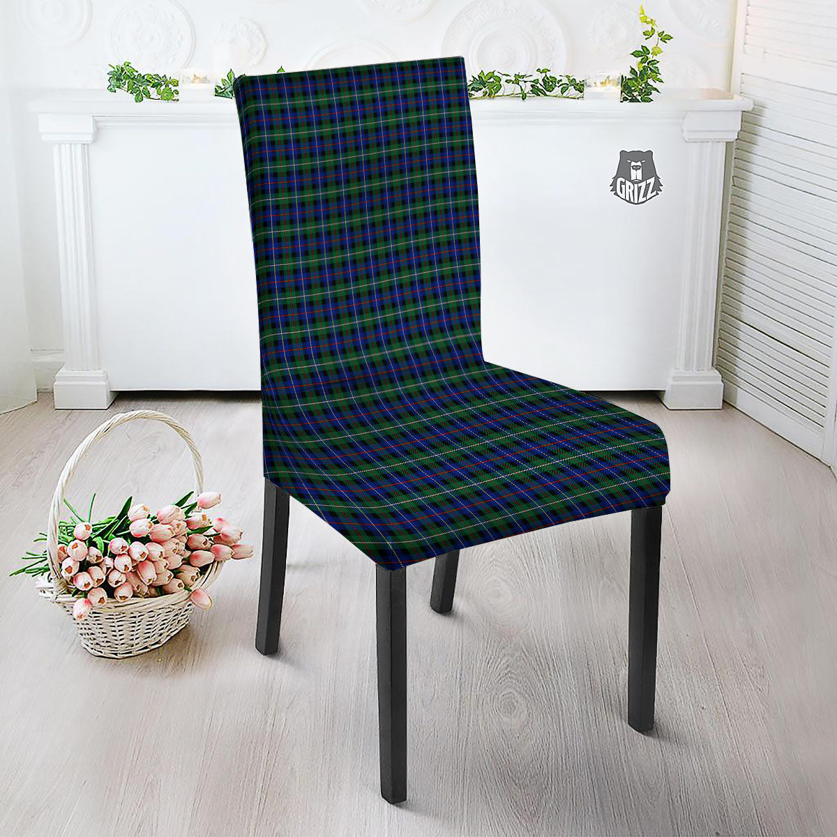 White Buffalo And Green Blue Plaid Print Dining Chair Slipcover-grizzshop