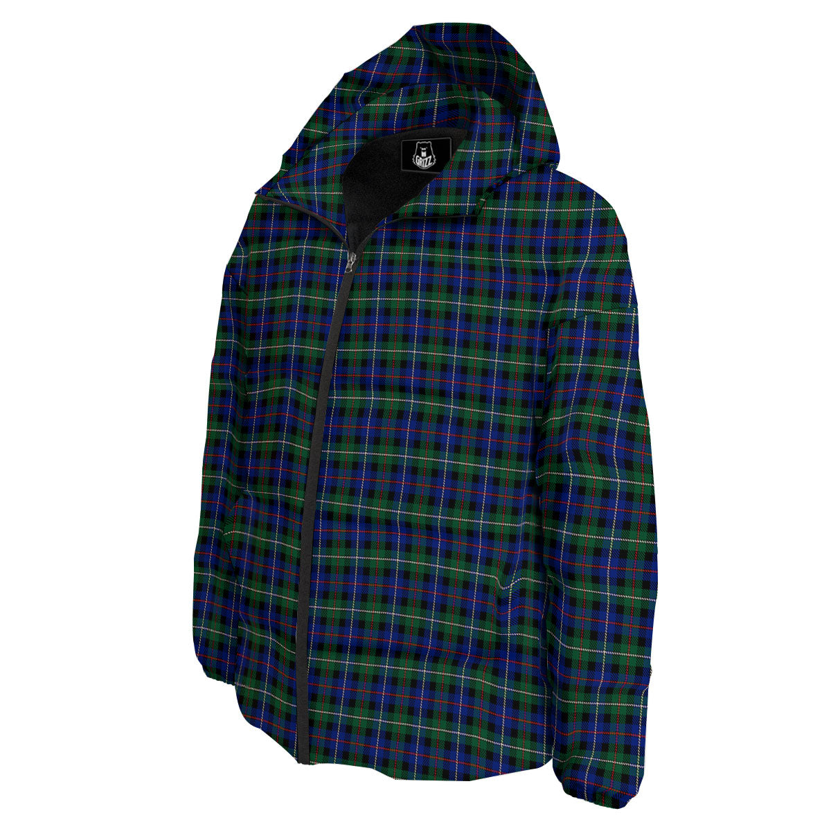 White Buffalo And Green Blue Plaid Print Down Jacket-grizzshop