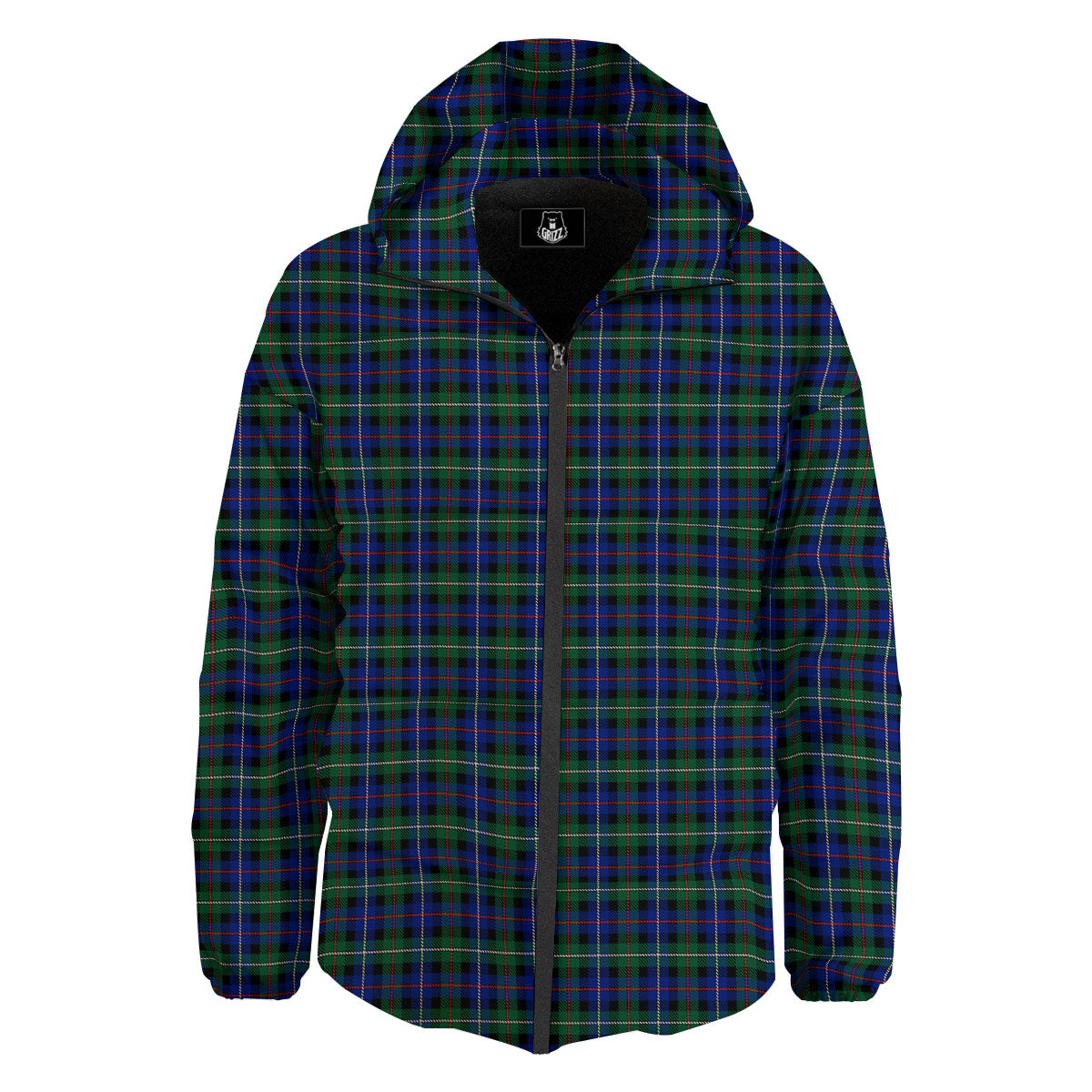 White Buffalo And Green Blue Plaid Print Down Jacket-grizzshop