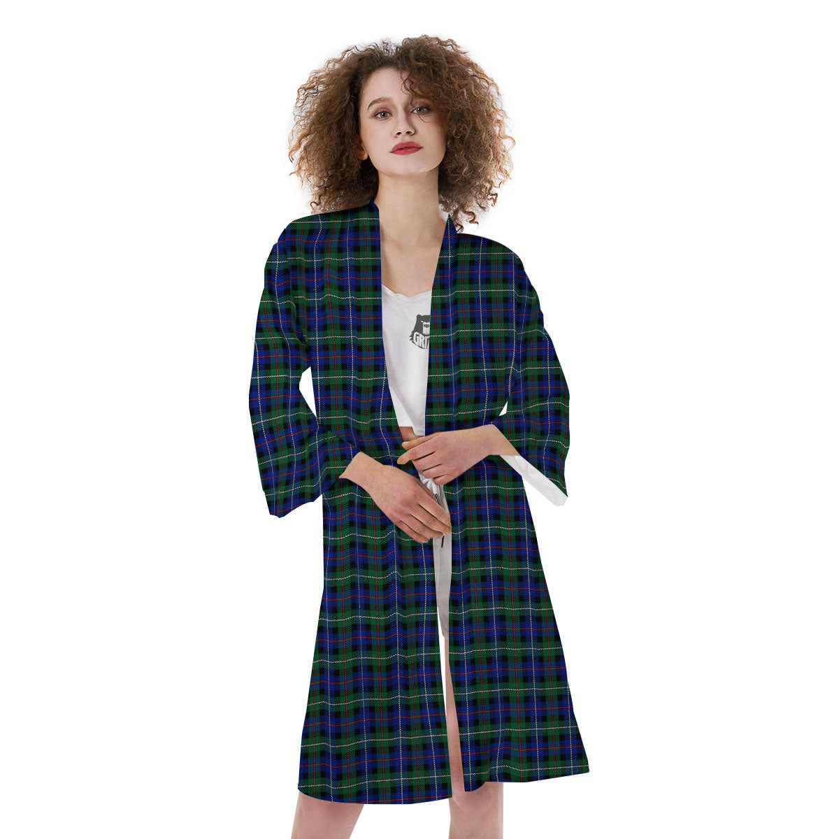 White Buffalo And Green Blue Plaid Print Kimono-grizzshop