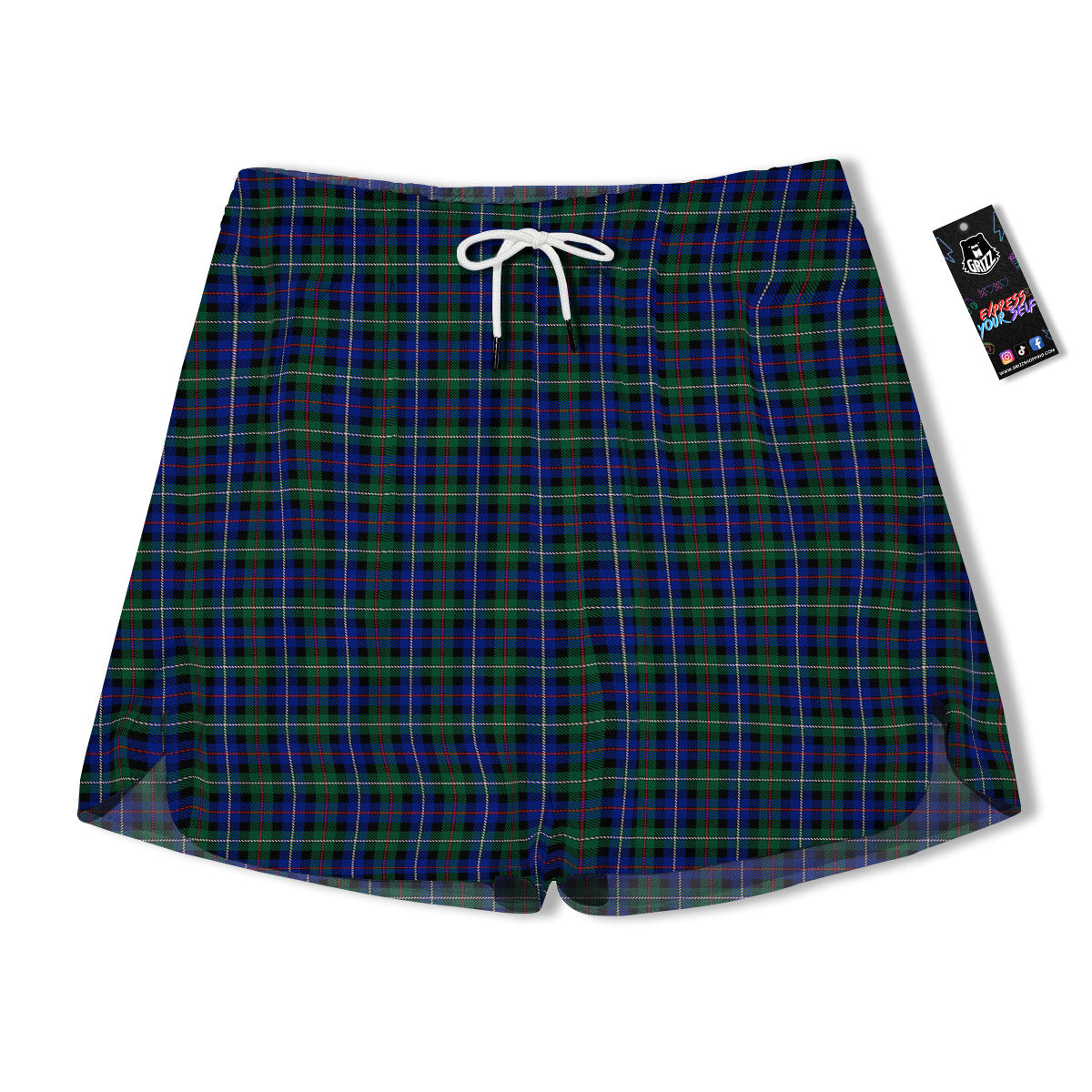 White Buffalo And Green Blue Plaid Print Men's Running Shorts-grizzshop